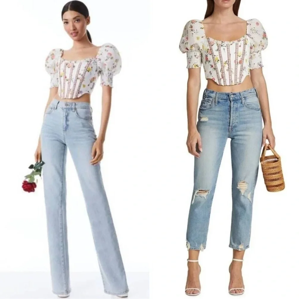 Alice + Olivia Audie Floral Puff-Sleeve Corset Top